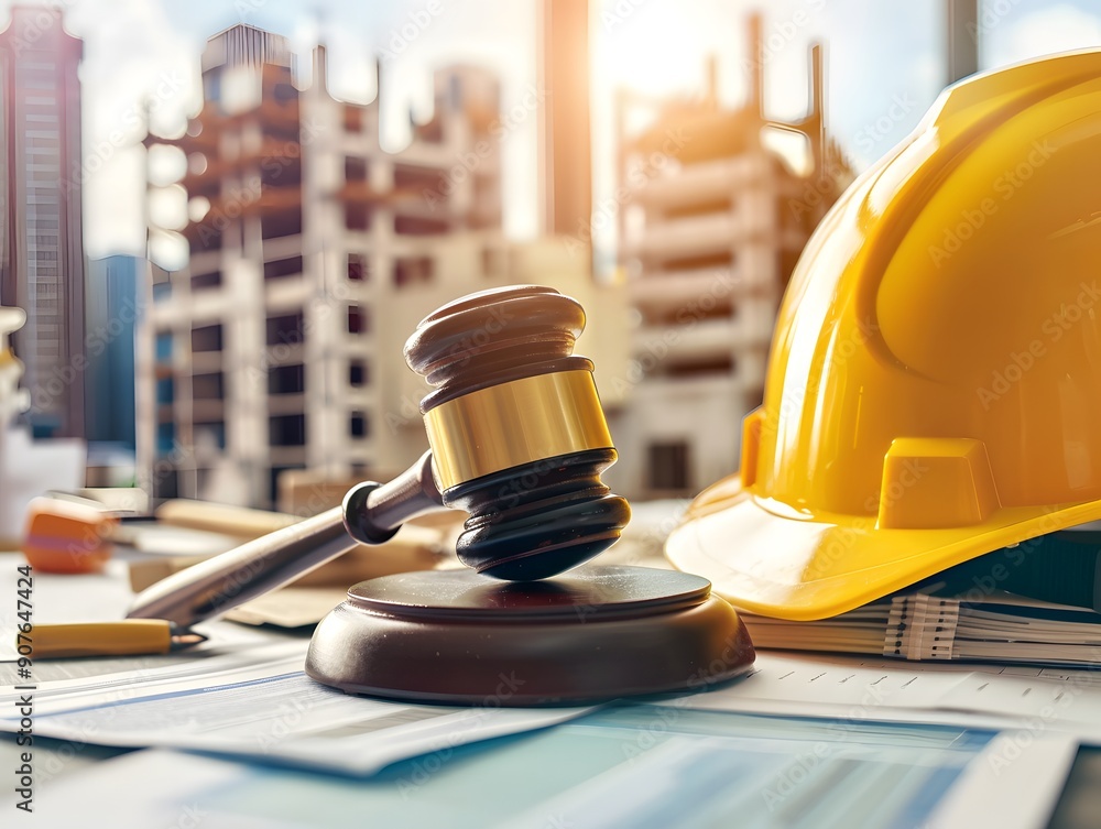 Aufkleber a court gavel and construction helmet sit on top of a table with blurred building structure in the b