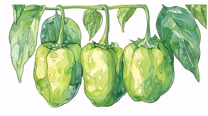 Naklejka premium A vibrant watercolor painting featuring a group of four green bell peppers hanging from a vine with attached leaves, representing freshness and growth.