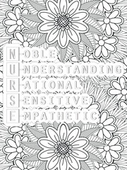Nurse Quotes Flower Coloring Page Beautiful black and white illustration for adult coloring book