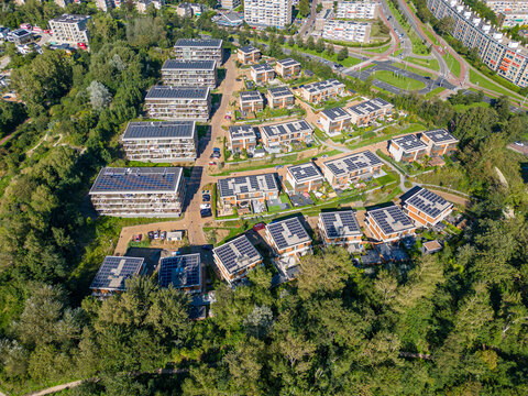 Aerial view of a new neighborhood, named Finest of Ockenburgh,  in the Kijkduin district of The Hague. An interesting detail is the large number of solar panels on the roofs.