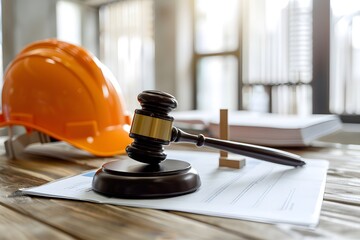 A court gavel and construction helmet sit on top of a table with blurred building structure in the background. Real estate law concept with a building construction project
