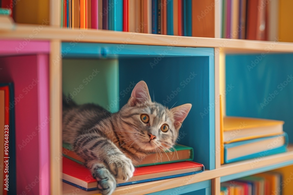 Poster a cat is sitting in a bookcase with books stacked on top of it