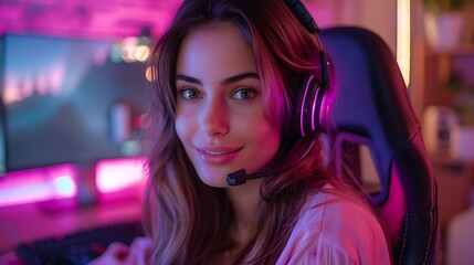A female gamer in her beautifully designed gaming room, with a pink gaming chair, a professional microphone, and a neatly organized desk.
