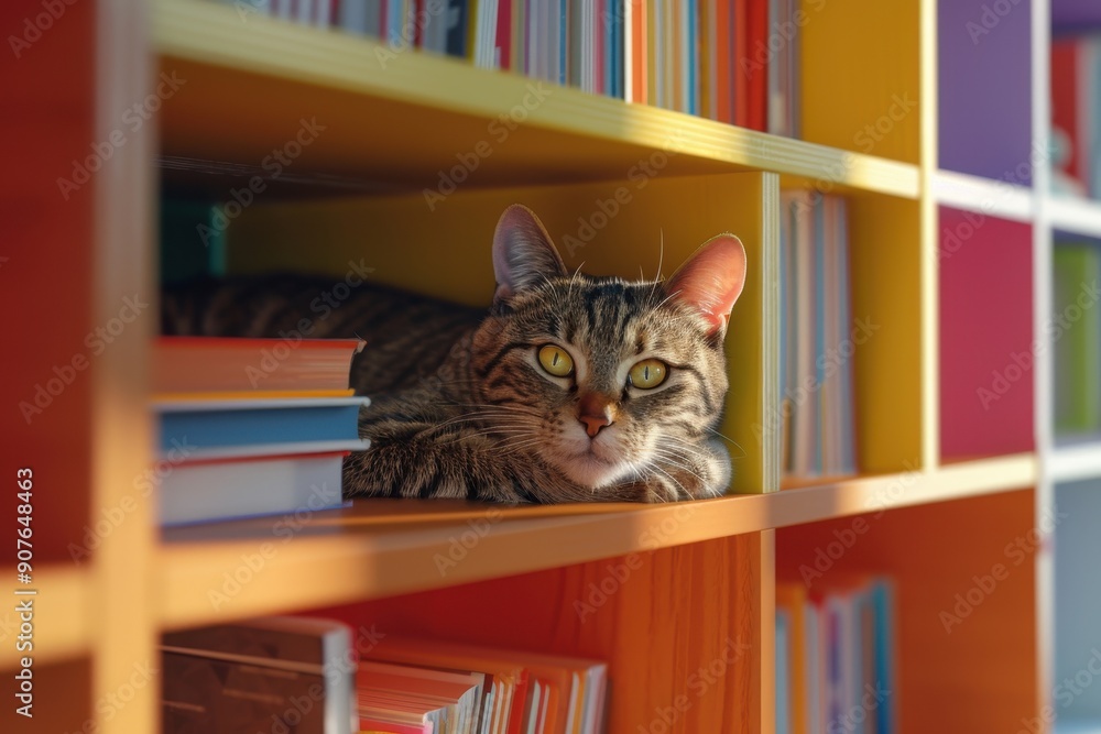 Poster a cat is sitting in a bookcase with books stacked on top of it