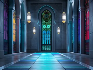 Fototapeta premium A captivating image of a mosque adorned with Ramadan lights and banners