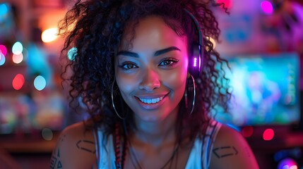 A female gamer in the middle of an interactive livestream, smiling and engaging with her audience.