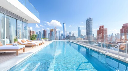 Obraz premium Swimming in a luxurious rooftop pool with city skyline views and a bright blue sky above