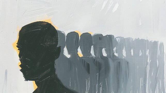 This image features a silhouette of a person followed by several others under abstract lighting with a focus on contrasting light and dark shades creating a dramatic visual effect.