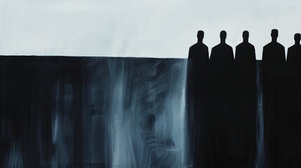 The image showcases an abstract painting with silhouettes of men standing against a dark background, exuding a haunting, mysterious, and introspective atmosphere in black and white tones.
