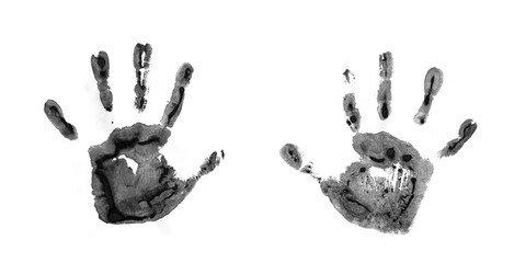 Watercolor, Acrylic Black kids Handprints Isolated on White Background. Isolated Children, Adult Palm Print. Kids Hand Print Crafts.