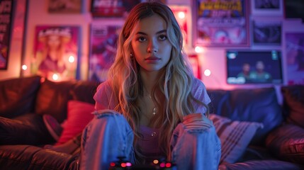 Fototapeta premium A female gamer livestreaming, with a high-quality microphone, a game controller in hand, and sitting in a stylish gaming chair.
