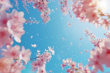 Obraz premium A beautiful blue sky with pink flowers in the foreground