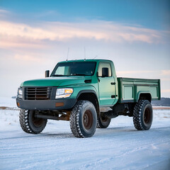 A bright green vintage pickup truck with oversized tires sits atop a snowy landscape