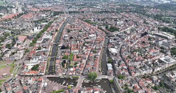 City overview of Leiden, South Holland, The Netherlands. Large city along the coast in De Randstad.