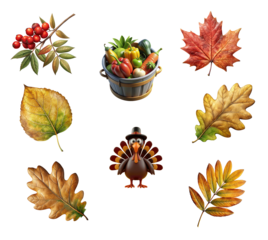 Thanksgiving day set with isolated design elements on transparent background. Traditional Turkey day illustration.