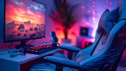 A gamer enjoying a late-night gaming session in a cozy den, with a large monitor, a comfortable gaming chair, and a microphone for streaming.