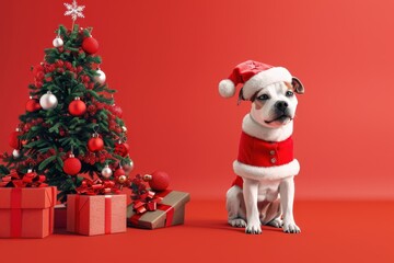A dog is wearing a Santa hat and sitting in front of a Christmas tree