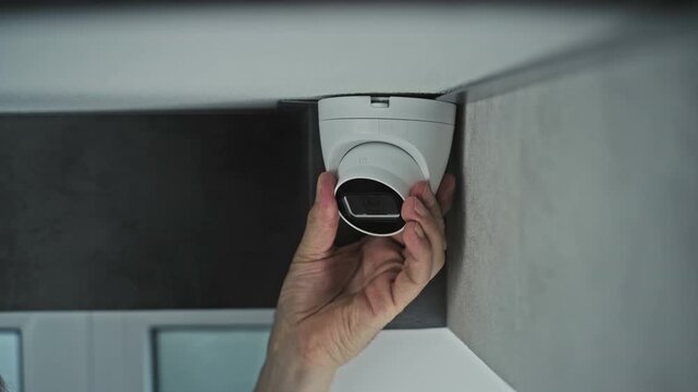 Professional male technician or installer attaches security camera to the ceiling in office building using screwdriver tool. Monitoring and tracking system. CCTV system, video surveillance and privacy