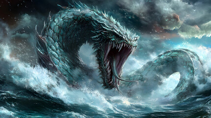 Fototapeta premium Jörmungandr sea snake illustration, nordic mythology
