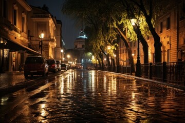 Fototapeta premium A rain storm night architecture illuminated cobblestone.
