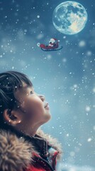 A child gazes in wonder at Santa Claus flying in a sleigh through a snowy night