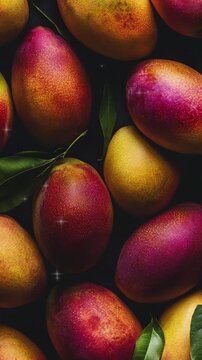 Design a vivid and enticing background with a top view of real mangoes, capturing their rich colors and juicy textures in high definition, free from any noise for a clear and mouthwatering presentatio