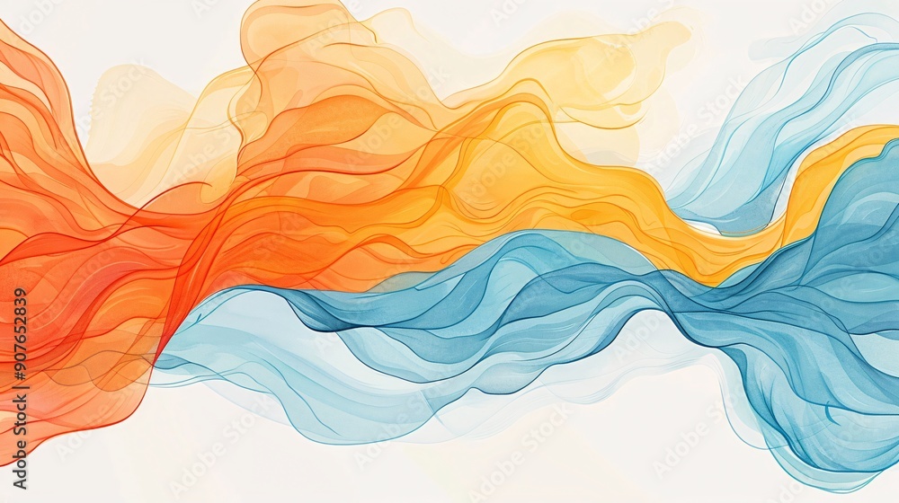 Poster this image presents an abstract painting with flowing orange and blue hues, dynamically intertwining