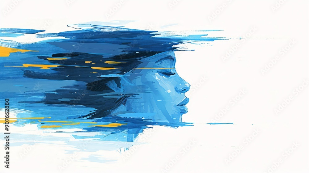 Poster an abstract image featuring dynamic blue and yellow brush strokes creating a sense of movement, with