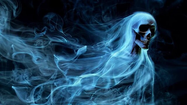 Ethereal blue ghostly figure emerging from smoke, resembling a skull. Concept of supernatural, ghostly apparitions, and spooky atmosphere