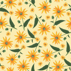 Fototapeta premium Topinambur Flower Seamless Pattern. Hand Drawn Floral Digital Paper on Yellow Background.