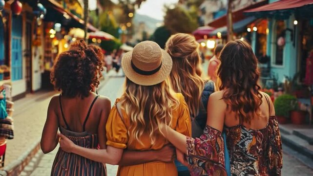 Back view of a young, contented group of friends from different ethnic backgrounds standing in a row and gazing up at the blue sky.
