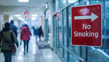 Indoor No Smoking Sign in Busy Public Building Hallway