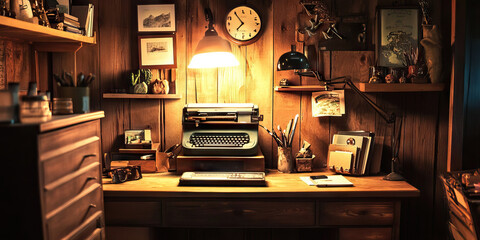 Authentic Atmosphere: A cozy workspace with distressed wood furniture, warm lighting, and a scattering of meaningful knick-knacks