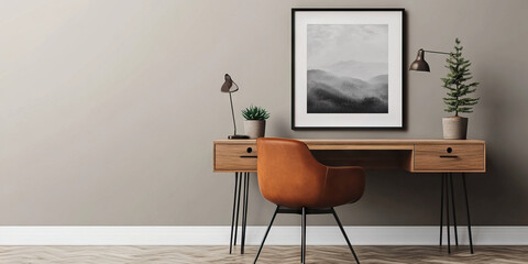 Perfection: A modern desk and chair, set against a blank wall, with a single framed photograph and a potted succulent