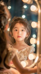 A young girl in a glittering dress admires her reflection in a mirror, illuminated by warm, glowing lights