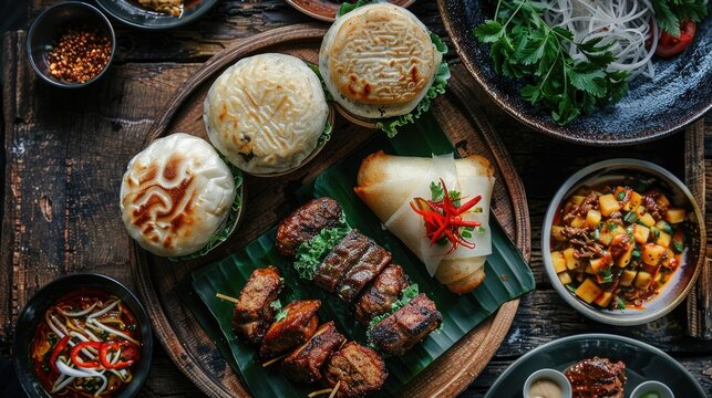 Malaysian Ramadan inspired plate with popiah lepat pisang and mini burgers on wood surface
