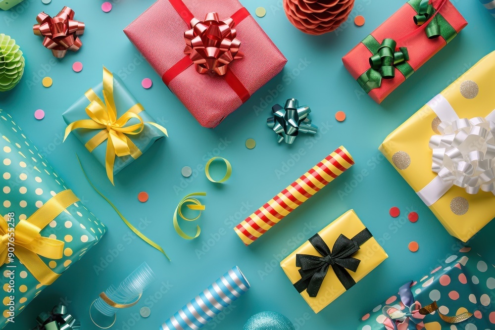 Poster a colorful array of presents with ribbons and bows