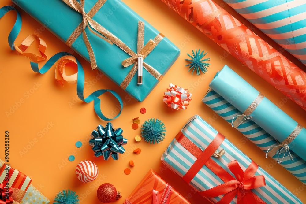Poster a colorful array of presents with ribbons and bows
