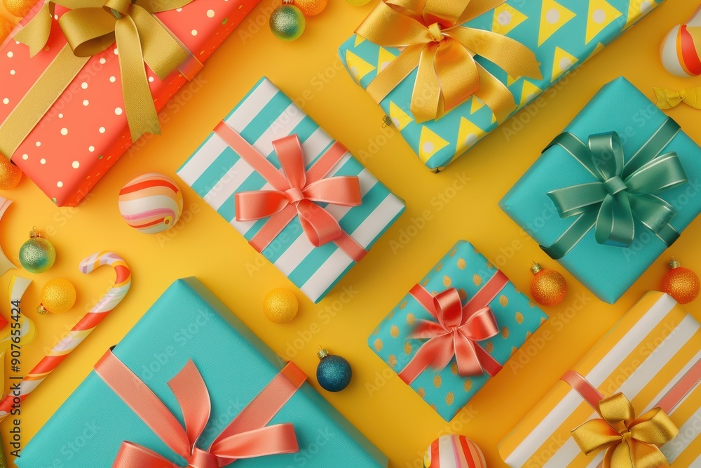 Poster a colorful array of presents with ribbons and bows