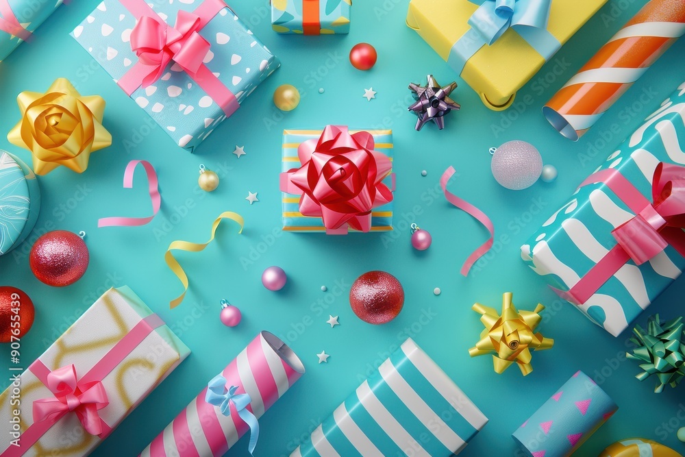 Poster a colorful array of presents with ribbons and bows