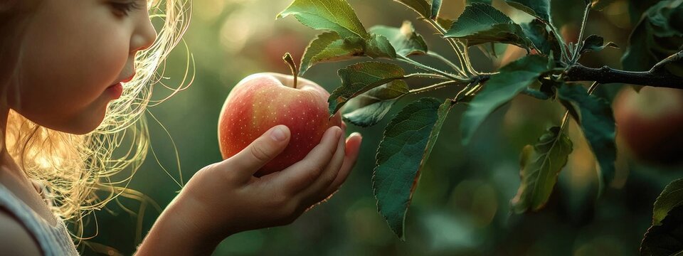 the child eats a red apple. Selective focus