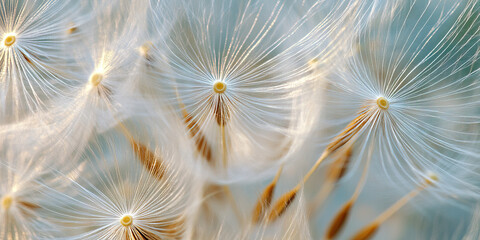 Unspoken Words in the Breeze: Delicate dandelion seeds dance playfully in the air, forming a soft white cloud