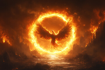 A majestic phoenix ascends with fiery wings spread wide, enveloped by a glowing ring of fire symbolizing rebirth and the eternal cycle of life. The intense flames create a dramatic, otherworldly aura 