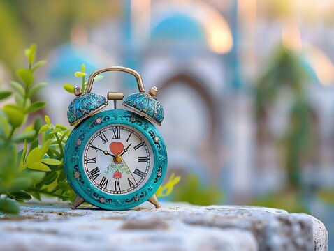 A tranquil image of a clock with dawn and sunset markers, symbolizing the fasting hours from fajr to maghrib during Ramadan