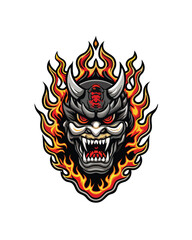 Generate an image of an intricate Japanese Noh or Oni mask surrounded by flames.