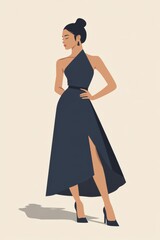 Fototapeta premium Minimalism illustration, an Asian woman, wearing a modern asymmetrical dress in steel blue with a fitted waist, standing with one hand on her hip, high fashion, flat illustration on light taupe 