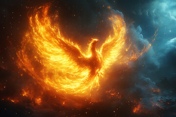 A majestic phoenix ascends with fiery wings spread wide, enveloped by a glowing ring of fire symbolizing rebirth and the eternal cycle of life. The intense flames create a dramatic, otherworldly aura 