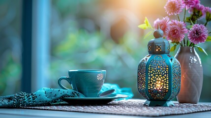 A tranquil scene of an empty dining table at dawn, with a subtle focus on the discipline of fasting and abstaining from food and drink during Ramadan