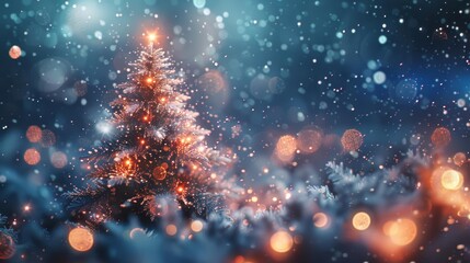 Naklejka premium A beautifully illuminated Christmas tree surrounded by falling snowflakes, creating a magical winter wonderland atmosphere.