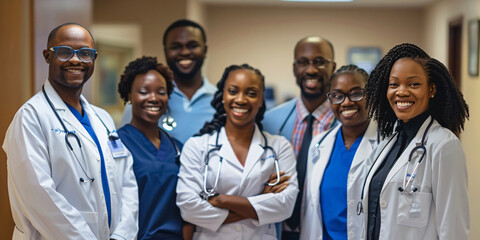 Fototapeta premium A group of diverse medical professionals stand together in a hospital hallway, smiling and exuding confidence.
